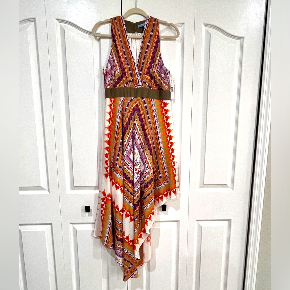 NWT Antonio Melani Lourdes maxi halter asymmetrical dress orange purple size 8